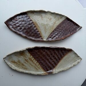 Set of 2 Artisan Handmade Pottery Leaf Trays Brown Cream Glaze Signed Ceramic